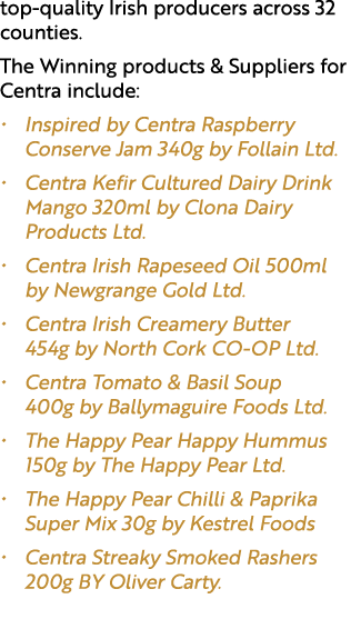 top quality Irish producers across 32 counties. The Winning products & Suppliers for Centra include: • Inspired by Ce...