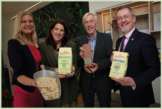 Business / News 17102024 Bord Bia’s National Organic Awards. Pictured are Minister of State, Pippa Hackett, Nicola Bates and John Flahavan, Flahavans with  Jim O’Toole, CEO Bord Bia, at Bord Bia’s National Organic Awards which took place today at an awards ceremony this morning in the Bord Bia Global Hub, Dublin. Flahavans was announced as the winner of the Best Irish Organic Export Product category. For more information visit bordbia.ie Photo : Chris Bellew / Fennell Photography