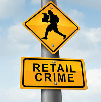 Retail crime theft problem robbing and shoplifting stores business concept of a shoplifter stealing merchandise from a retailer as a thief committing larceny with 3D illustration elements.