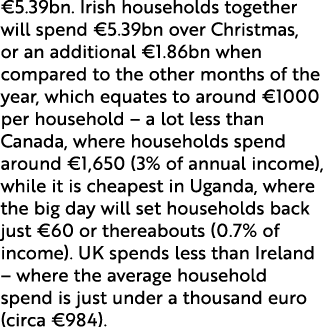 €5.39bn. Irish households together will spend €5.39bn over Christmas, or an additional €1.86bn when compared to the o...