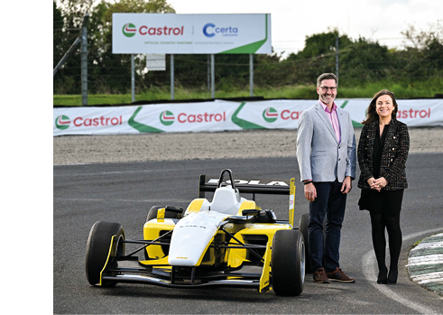 12 September 2024; Castrol has announced its return to Irish motorsport after 25 years, as the new title sponsor of Turn 1 at the Mondello Park International Race Circuit, which has been renamed and branded as ‘Castrol Corner’. The sponsorship is part of a new strategy to build and grow the Castrol brand in Ireland following the appointment of Certa, part of DCC plc, as Castrol’s sole Country Partner for Ireland and Northern Ireland. In attendance at the announcement are Niamh Gaffney, Retail Sales and Marketing Manager with Certa and Roddy Greene, Managing Director at Mondello Park. Photo by David Fitzgerald/Sportsfile *** NO REPRODUCTION FEE ***