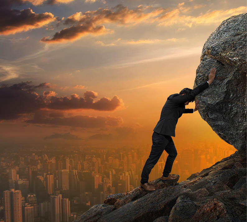 Business man pushing large stone up to hill , Business heavy tasks and problems concept.