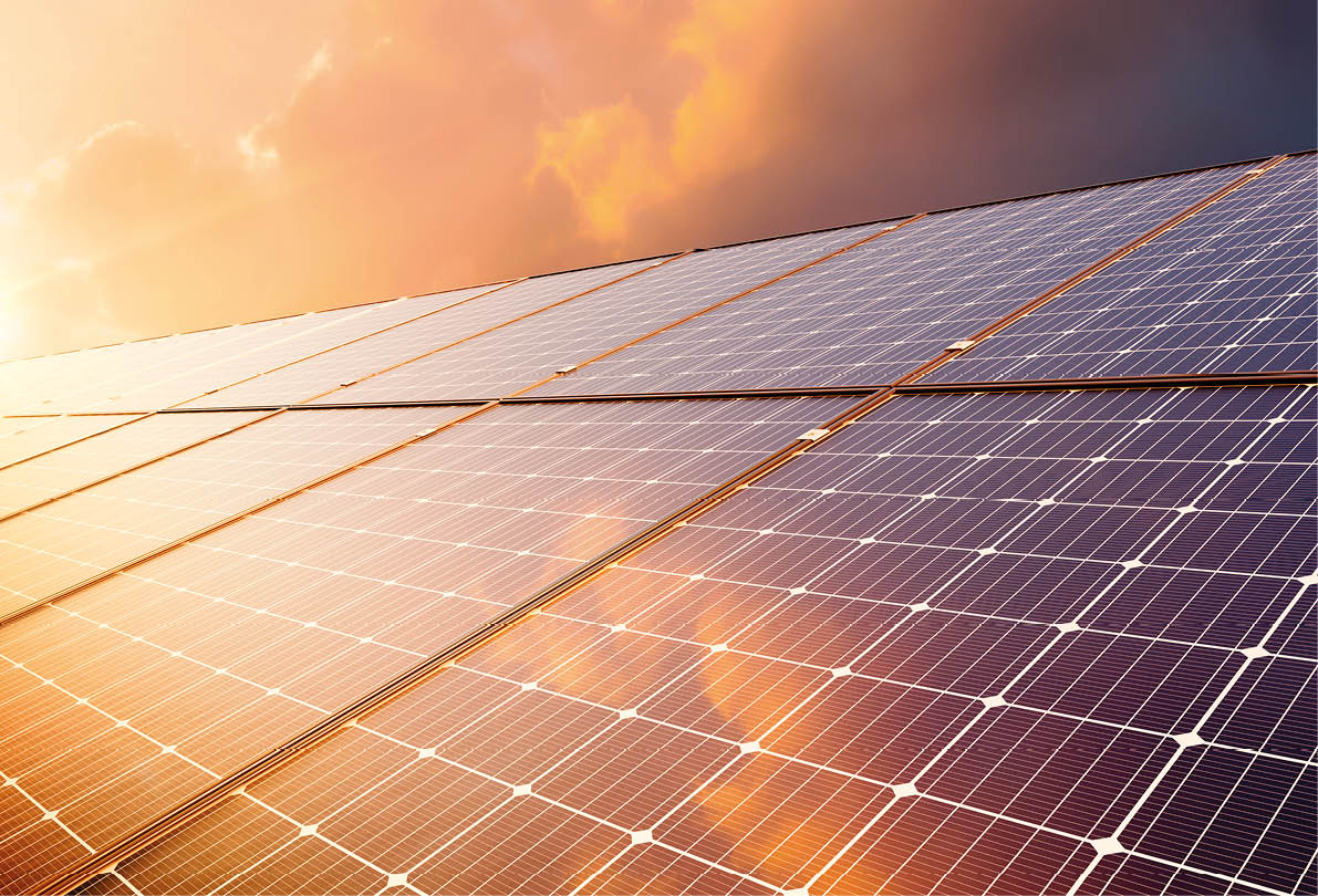 Sun reflection on solar panel. renewable energy. renewable energy to businesses, homes and smart city. new generation of power. clean and environmental friendly