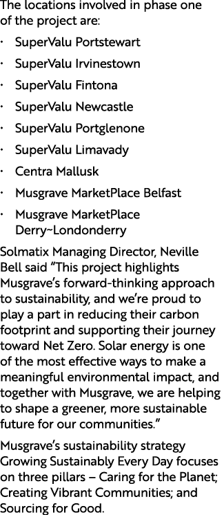 The locations involved in phase one of the project are: • SuperValu Portstewart • SuperValu Irvinestown • SuperValu F...