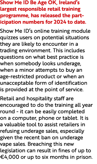 Show Me ID Be Age OK, Ireland’s largest responsible retail training programme, has released the part icipation number...