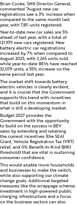 Brian Cooke, SIMI Director General, commented “August new car registrations saw a 3% increase when compared to the sa...