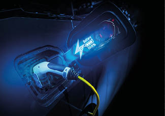 Power cable pump plug in charging power to electric vehicle EV car.