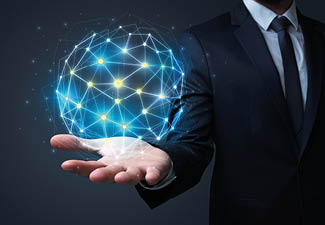 Businessman in suit holding global connection symbol on his hand