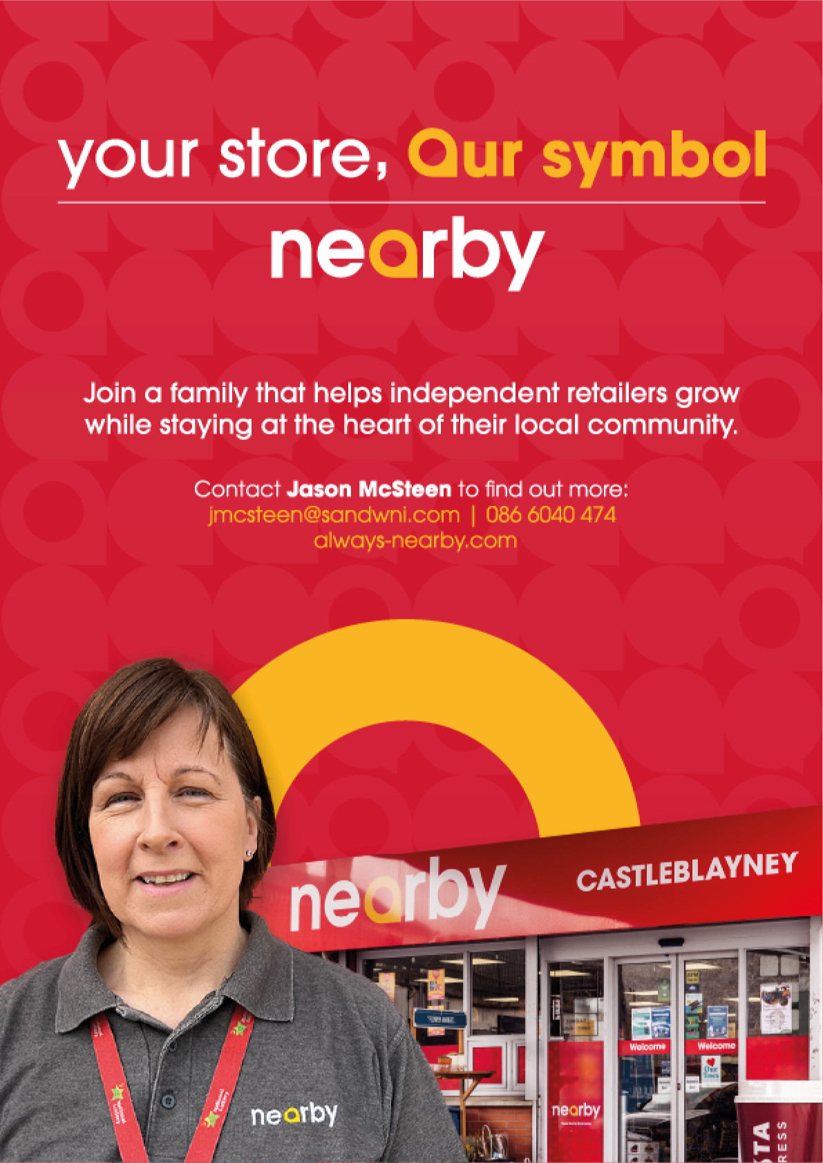 A person wearing a dark polo shirt with a “nearby" logo stands in front of a red and yellow promotional backdrop and a storefront with the same branding, encouraging independent retailers to join a local community initiative. Description generated by AI