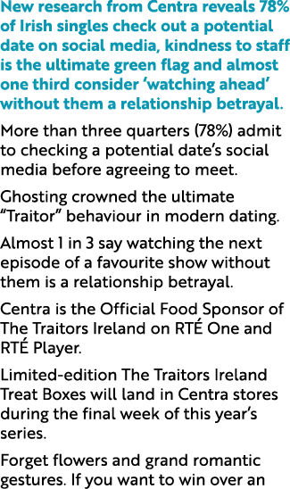 New research from Centra reveals 78% of Irish singles check out a potential date on social media, kindness to staff i...