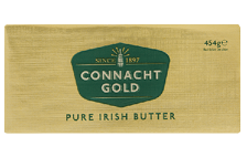 A rectangular gold-colored package labeled Connacht Gold Pure Irish Butter with a green emblem and text indicating it has been made since 1897 and weighs 454 grams. Description generated by AI