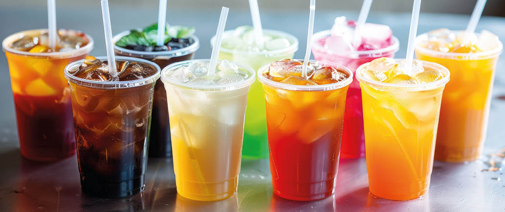 Six colorful iced beverages in clear plastic cups with straws are arranged closely together against a white background. Description generated by AI