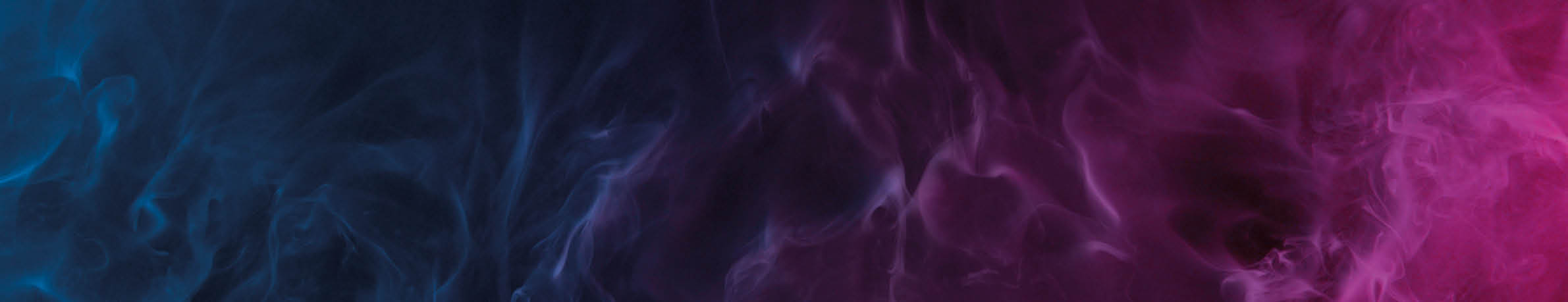 A horizontal gradient of swirling smoke transitions from blue on the left to purple and pink on the right against a dark background. Description generated by AI