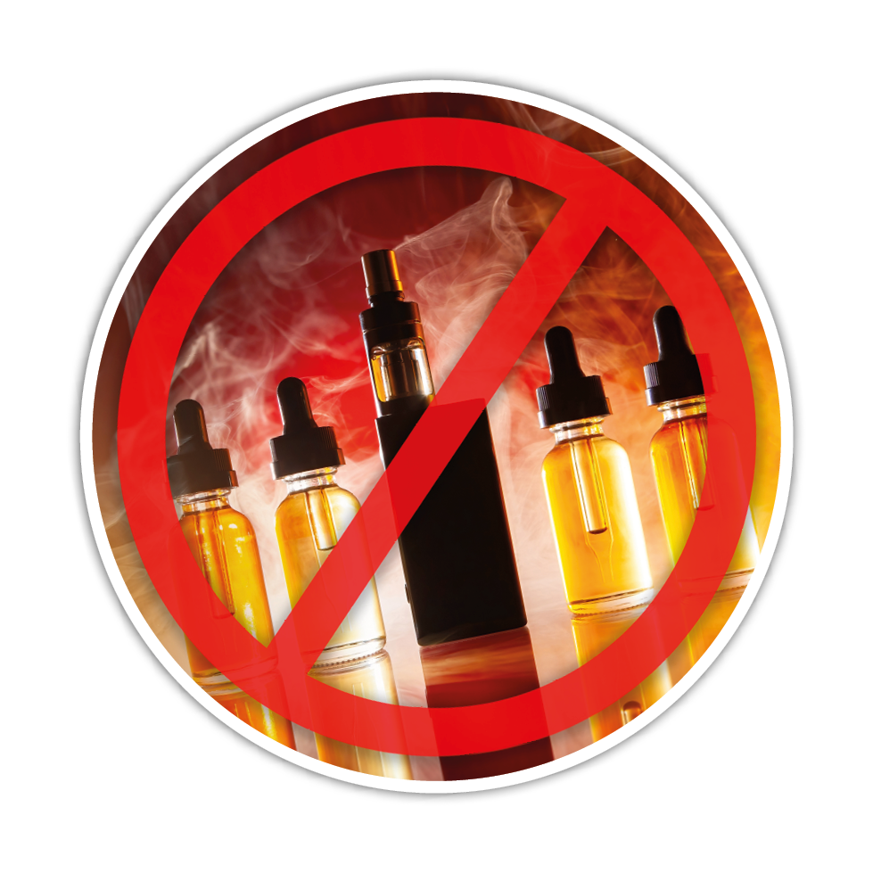 A black vape device surrounded by four small bottles of e-liquid with a red prohibition symbol over them against a smoky background. Description generated by AI