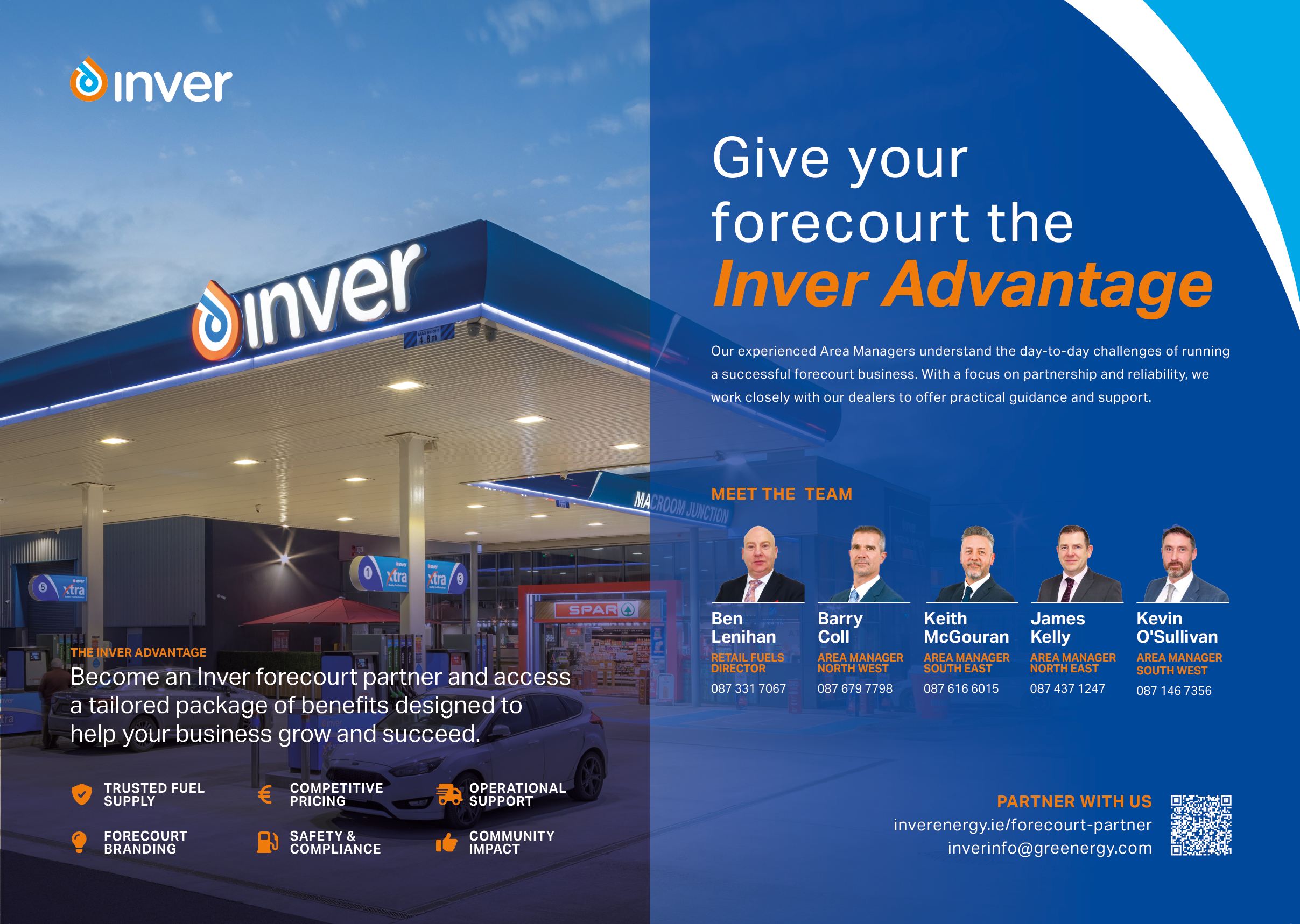 A nighttime scene of a gas station with a blue and white canopy alongside a promotional panel featuring five adults in business attire and text highlighting the Inver Advantage and partnership benefits. Description generated by AI