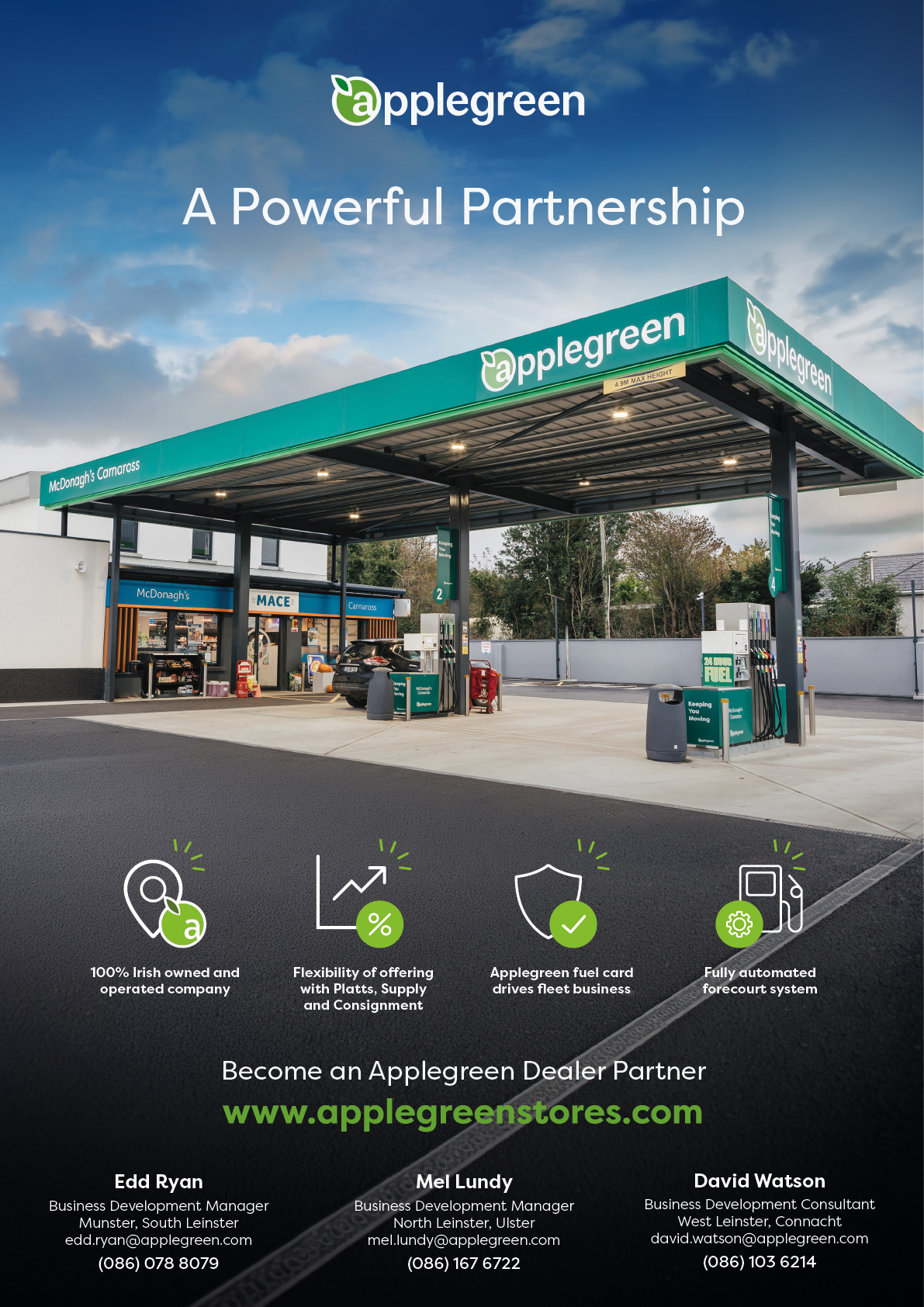 A modern Applegreen gas station with a canopy, fuel pumps, a convenience store, and promotional text highlighting its owned operation, flexible offerings, fuel card benefits, and automated forecourt system. Description generated by AI