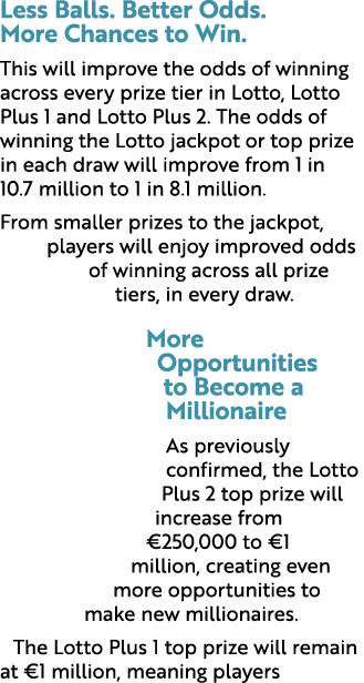 Less Balls. Better Odds. More Chances to Win. This will improve the odds of winning across every prize tier in Lotto,...