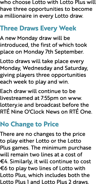 who choose Lotto with Lotto Plus will have three opportunities to become a millionaire in every Lotto draw. Three Dra...