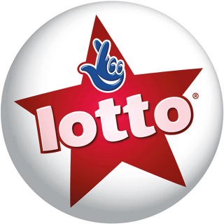 A red star with the word “lotto" in bold white letters and a blue hand with crossed fingers above the text on a white circular background. Description generated by AI