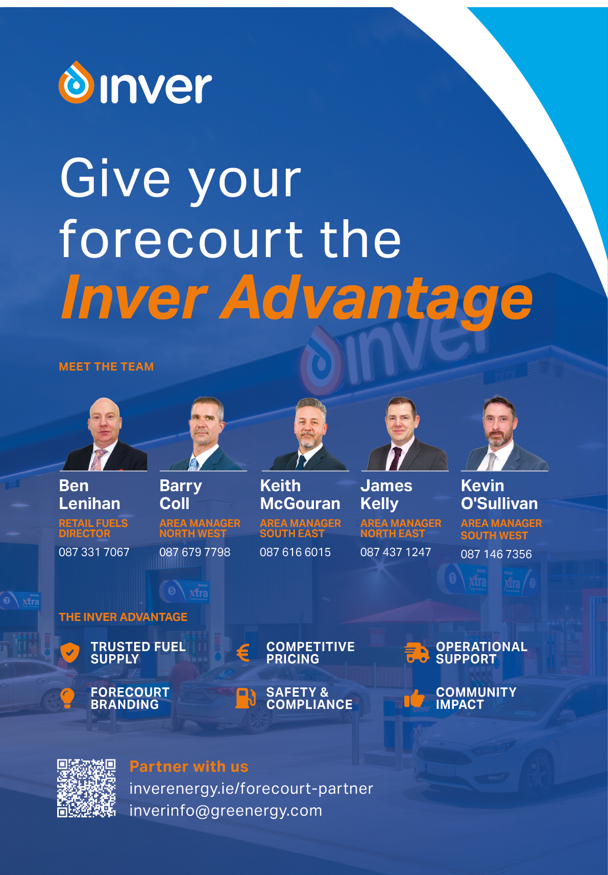 Five adults in business attire are shown above text promoting Inver Advantage for forecourt fuel supply with contact details and key benefits listed on a blue background. Description generated by AI