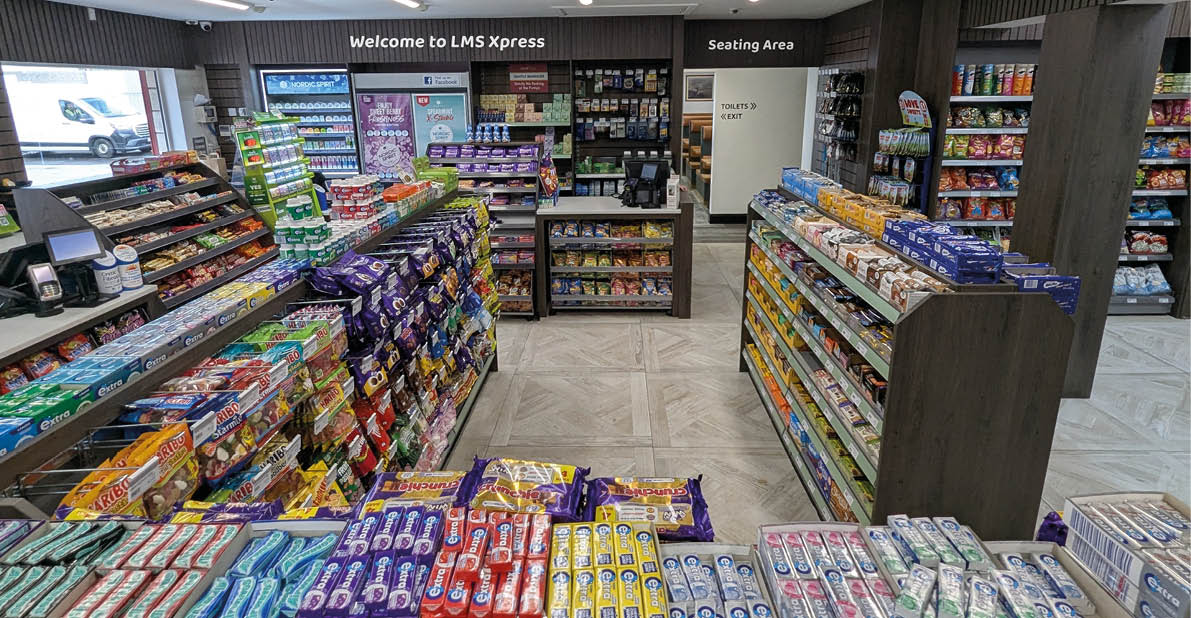 A brightly lit convenience store interior with neatly arranged shelves stocked with various snacks, candies, and beverages. Description generated by AI