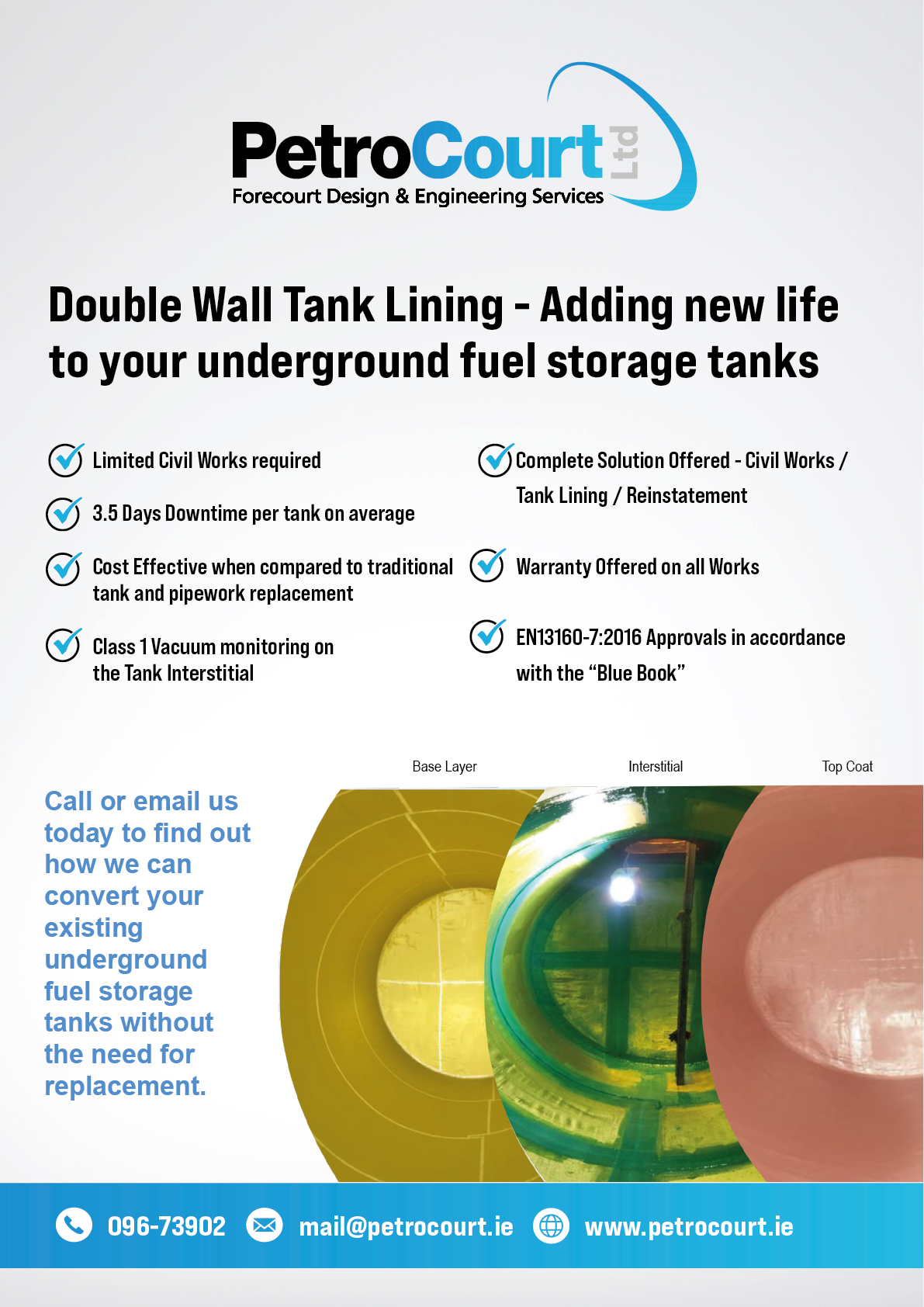 An advertisement for PetroCourt promoting double wall tank lining services for underground fuel storage tanks with benefits, contact information, and a visual comparison of tank layers. Description generated by AI