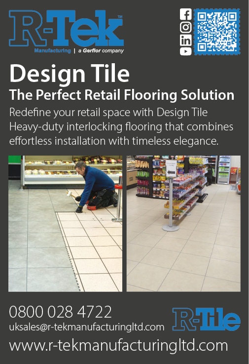 An advertisement for R-Tek Design Tile shows a person installing interlocking retail flooring tiles in a store aisle with shelves and products visible. Description generated by AI