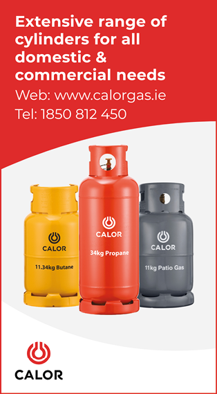 Three colorful Calor gas cylinders with text promoting an extensive range of cylinders for domestic and commercial needs along with a website and phone number. Description generated by AI