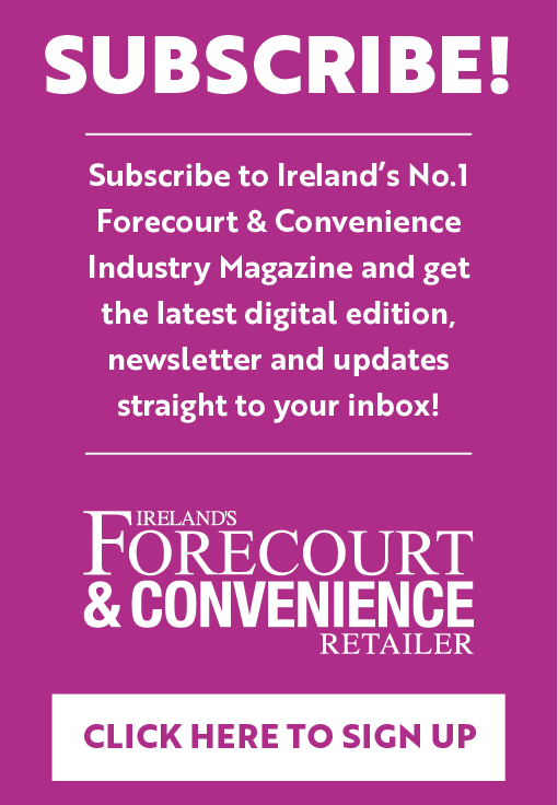 Subscribe to Ireland's leading forecourt and convenience industry magazine for the latest digital edition, newsletter, and updates with a bold call to action to click and sign up on a purple background. Description generated by AI