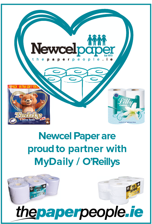 Newcel Paper announces a partnership with MyDaily and O'Reillys featuring various brands of toilet paper displayed around a heart-shaped logo. Description generated by AI