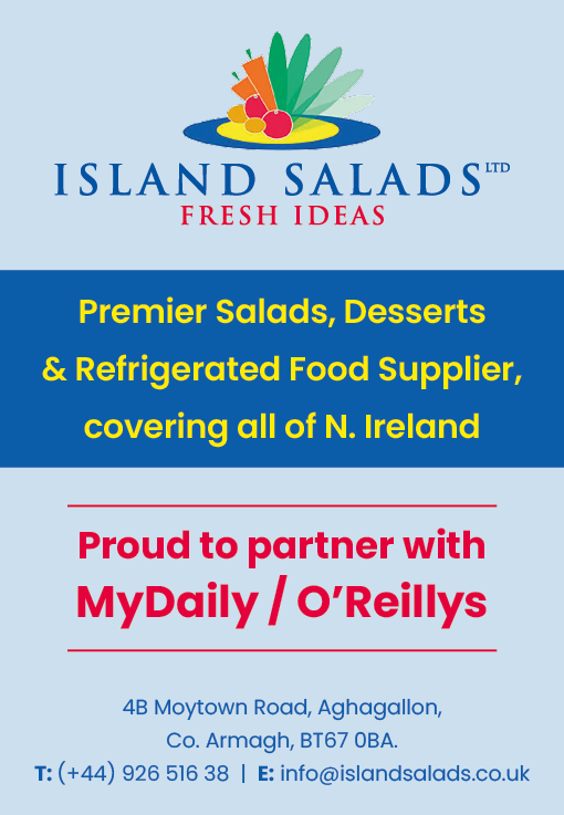 Island Salads advertises as a premier supplier of salads, desserts, and refrigerated food covering all of Northern Ireland, partnered with MyDaily and O'Reillys, including contact details and address. Description generated by AI
