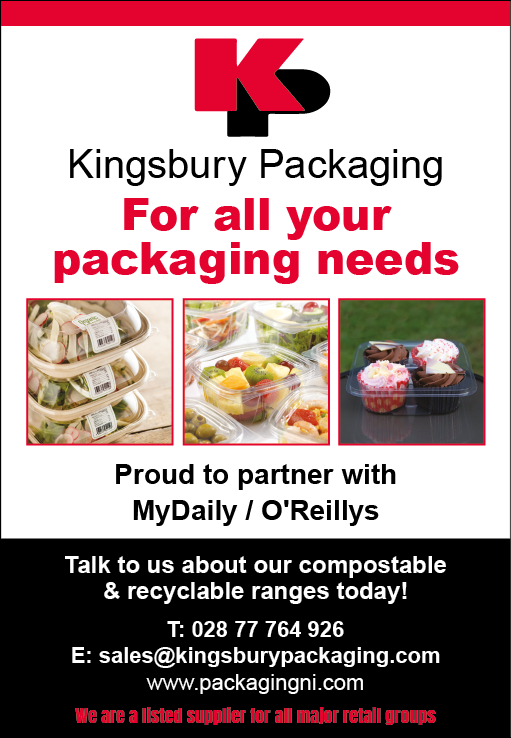 Kingsbury Packaging advertisement showcasing clear compostable food containers with salads, fruit, and cupcakes, highlighting partnership with MyDaily and O'Reillys and contact information for sales. Description generated by AI