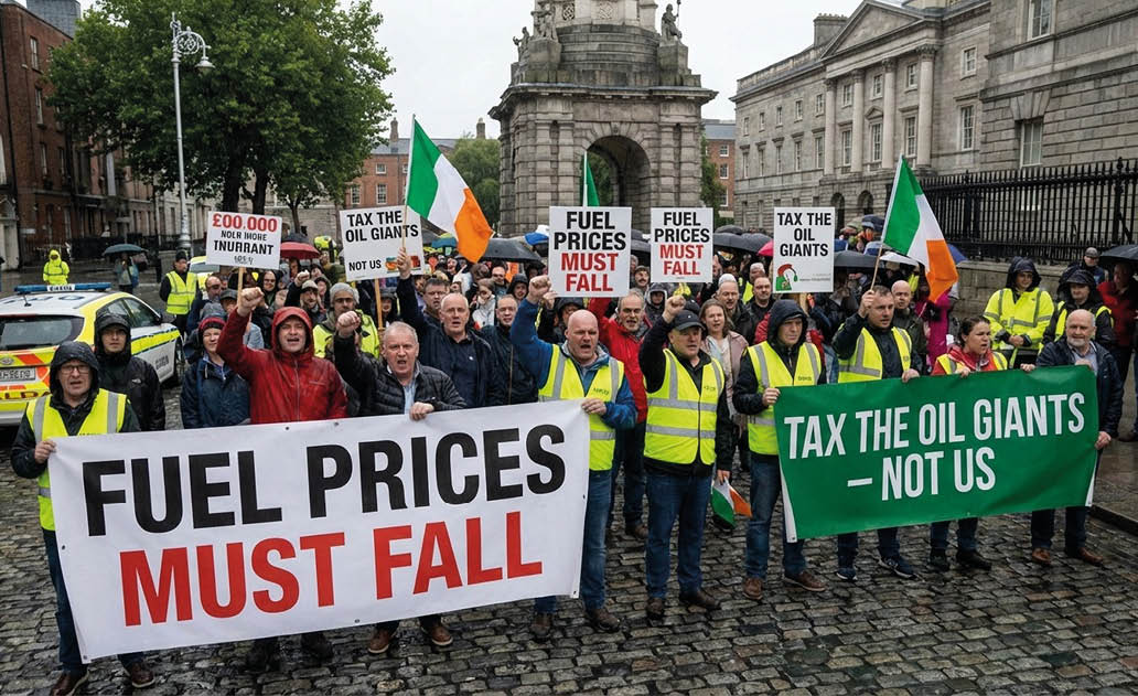 A group of people wearing high-visibility vests are gathered on a cobblestone street holding banners and signs demanding that fuel prices must fall and that oil giants should be taxed. Description generated by AI