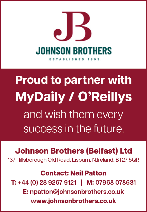 Johnson Brothers announces a partnership with MyDaily and O'Reillys, providing contact details for Neil Patton and company information. Description generated by AI