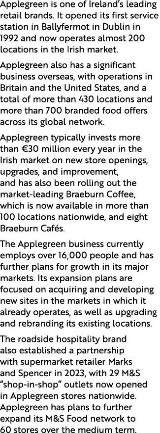 Applegreen is one of Ireland’s leading retail brands. It opened its first service station in Ballyfermot in Dublin in...