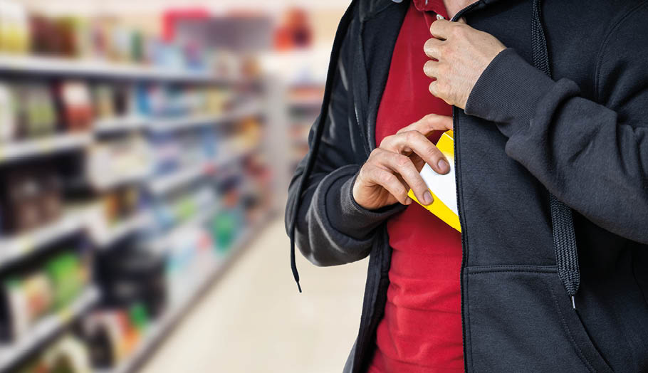Retail Shoplifting. Man Stealing In Supermarket. Theft At Shop