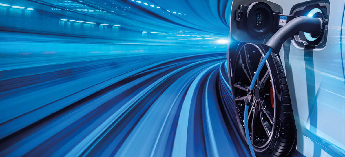 Power supply connected to electric vehicle charge battery. EV charging station for electric car or Plug-in hybrid car.