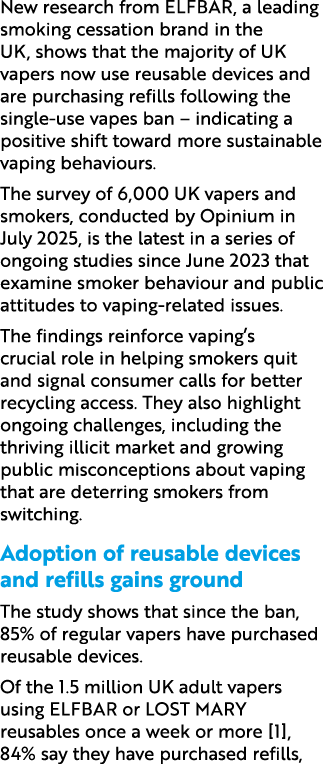 New research from ELFBAR, a leading smoking cessation brand in the UK, shows that the majority of UK vapers now use r...