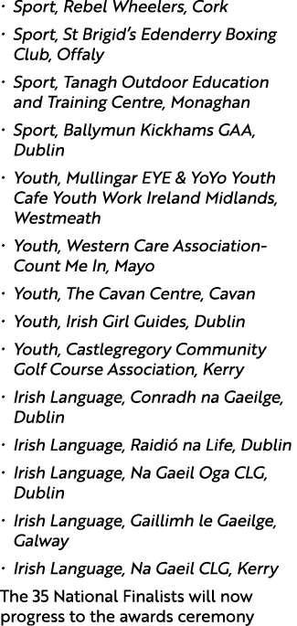 • Sport, Rebel Wheelers, Cork • Sport, St Brigid’s Edenderry Boxing Club, Offaly • Sport, Tanagh Outdoor Education an...