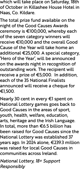 which will take place on Saturday, 18th of October in Killashee House Hotel in Naas, Co. Kildare. The total prize fun...