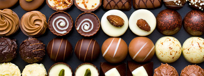 top view of variety chocolate pralines