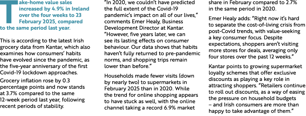 Take home value sales increased by 4.9% in Ireland over the four weeks to 23 February 2025, compared to the same peri...