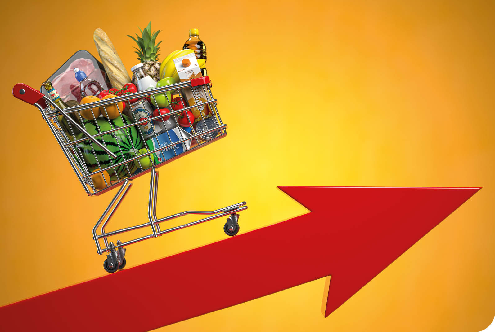 Inflation, growth of food sales, growth of market basket or consumer price index concept. Shopping basket with foods on arrow. 3d illustration