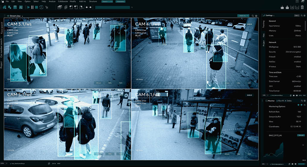 CCTV AI Facial Recognition Camera Authentificating People on Street. Security Camera Surveillance Footage Identity Scanning. Crowds of People Walking Safely on Big City Streets. Big Data AI Analytics