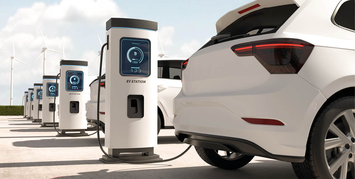 Electric cars charge the battery at the EV charging station, Clean energy filling technology. 3D illustration