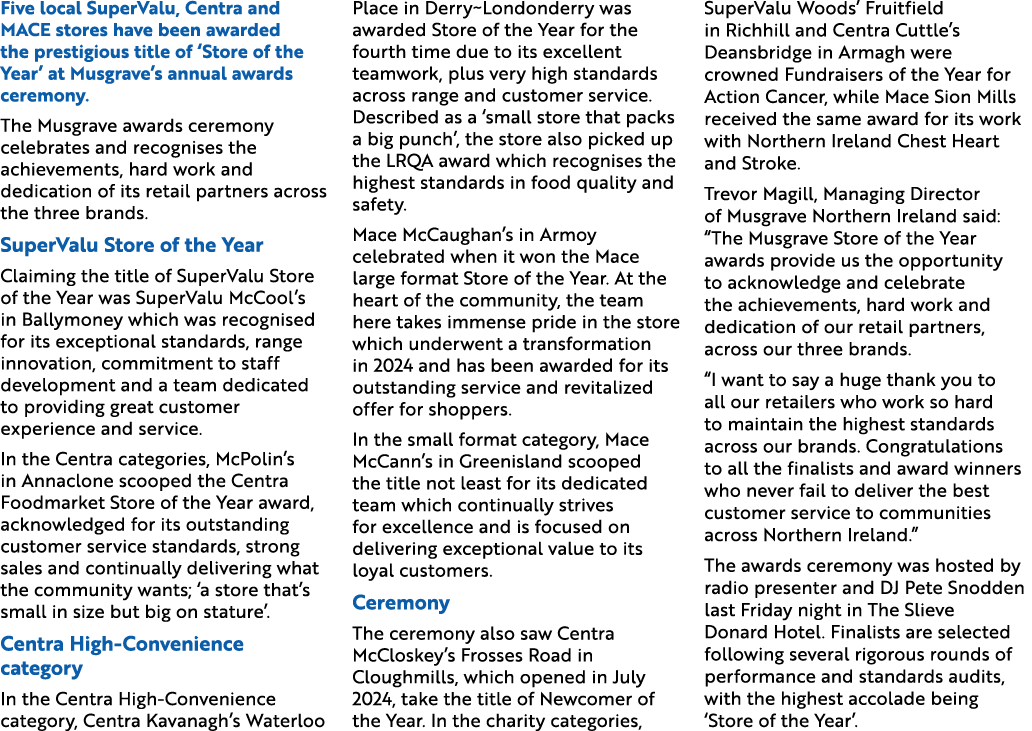 Five local SuperValu, Centra and MACE stores have been awarded the prestigious title of ‘Store of the Year’ at Musgra...