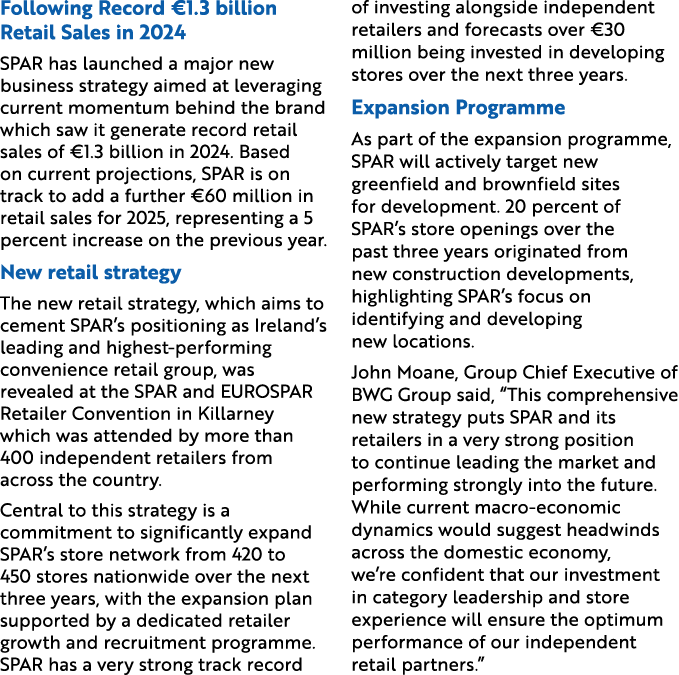 Following Record €1.3 billion Retail Sales in 2024 SPAR has launched a major new business strategy aimed at leveragin...