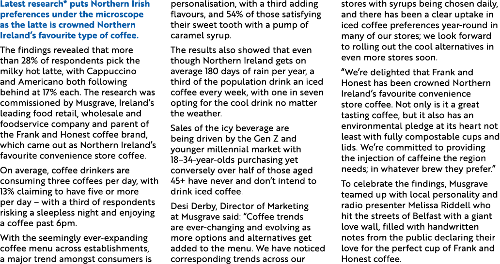Latest research* puts Northern Irish preferences under the microscope as the latte is crowned Northern Ireland’s favo...