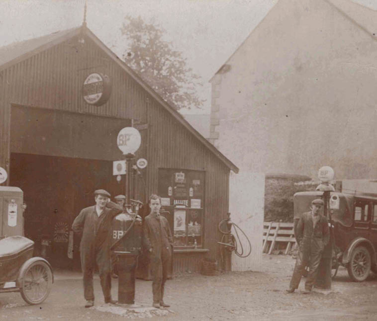 A group of men are standing outside of a gas station. AI generated content