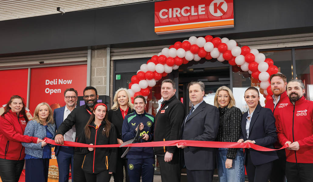 9-2-26 Picture shows Ciara Foxton, Managing Director of Circle K Ireland; with Irish international footballer Jamie Finn; and colleagues at the grand opening of the Circle K Airside store in Swords, Co. Dublin, which marks the first completed site in a phased rollout of seven former Pelco locations being rebranded as Circle K stores across Dublin and Meath. Pic: Naoise Culhane -no fee